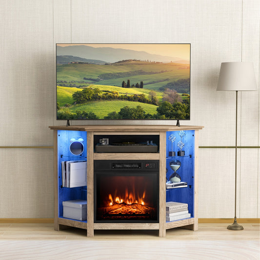 Corner TV Stand with Built-In Electric Fireplace and Smart LED Lights for TVs up to 50 Inches - Grey
