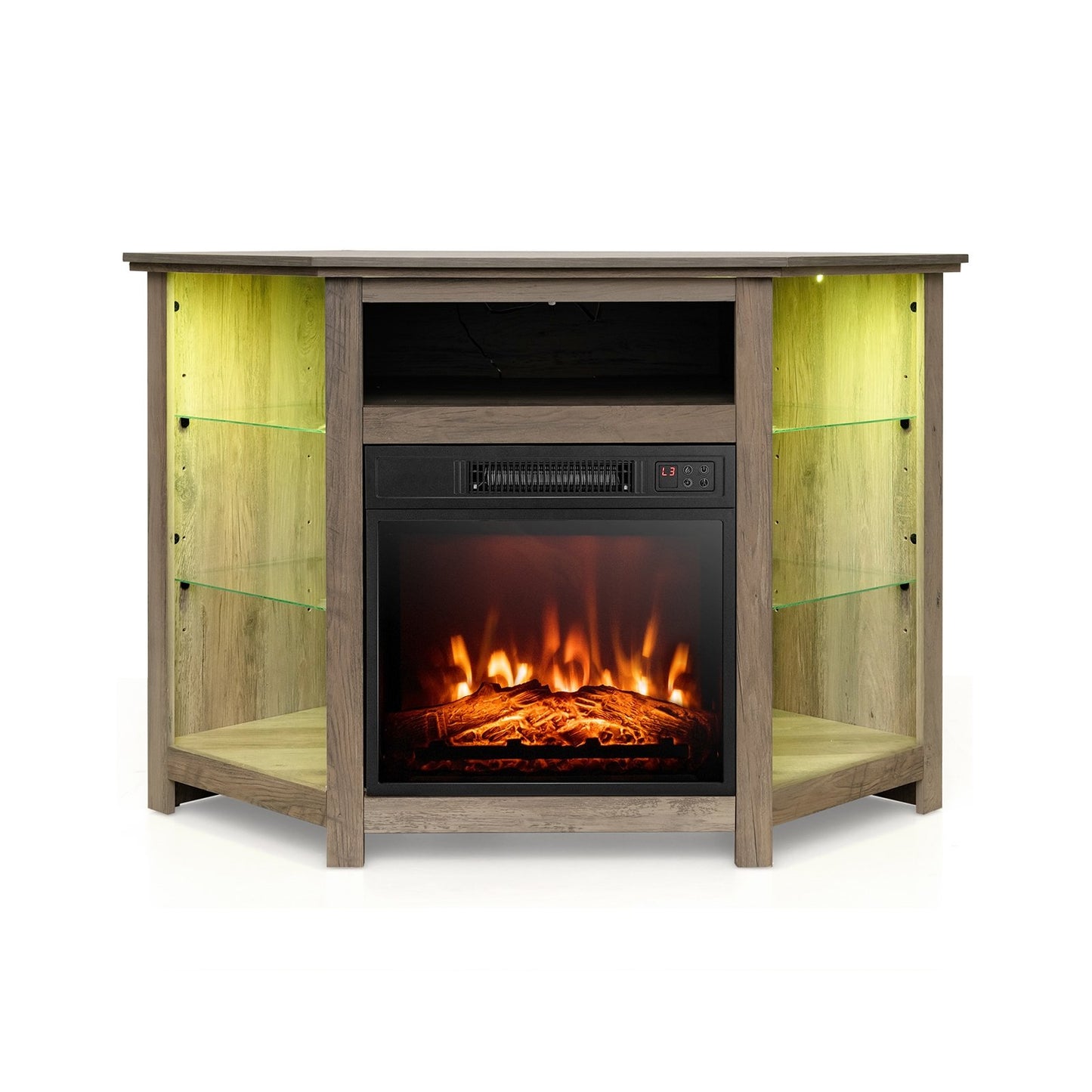 Corner TV Stand with Built-In Electric Fireplace and Smart LED Lights for TVs up to 50 Inches - Grey