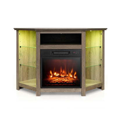 Corner TV Stand with Built-In Electric Fireplace and Smart LED Lights for TVs up to 50 Inches - Grey
