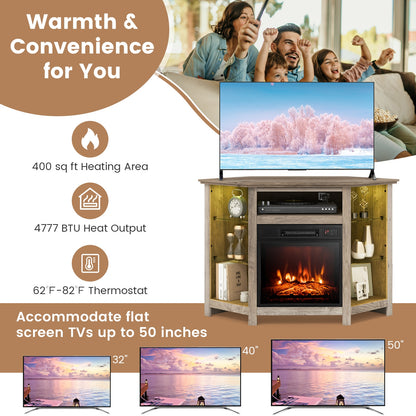 Corner TV Stand with Built-In Electric Fireplace and Smart LED Lights for TVs up to 50 Inches - Grey