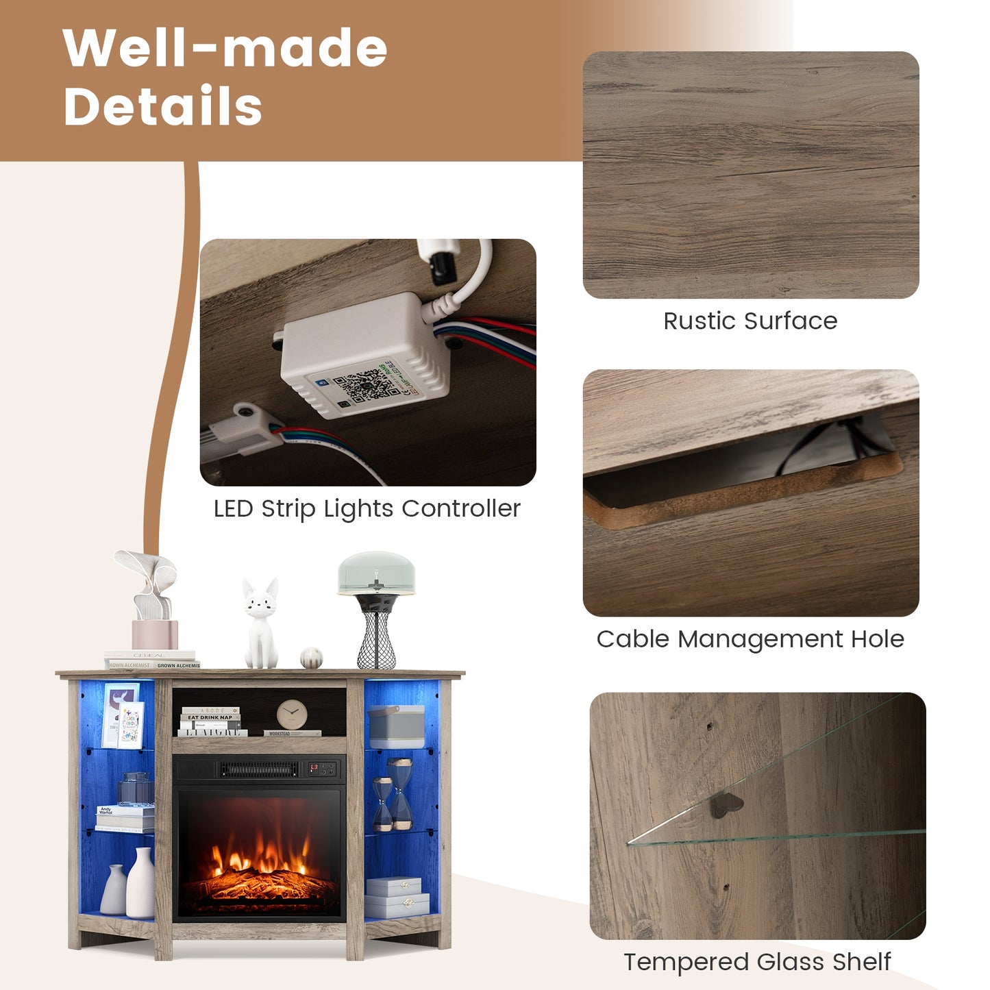 Corner TV Stand with Built-In Electric Fireplace and Smart LED Lights for TVs up to 50 Inches - Grey