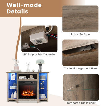 Corner TV Stand with Built-In Electric Fireplace and Smart LED Lights for TVs up to 50 Inches - Grey