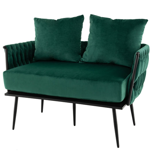 Elegant Upholstered Loveseat in Dutch Velvet with Woven Backrest and Pillows – Green