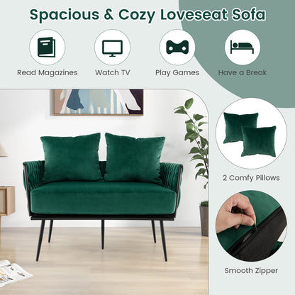 Elegant Upholstered Loveseat in Dutch Velvet with Woven Backrest and Pillows – Green
