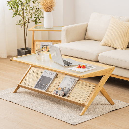 Bamboo Coffee Table with Tempered Glass Top and Handwoven Rattan Shelf