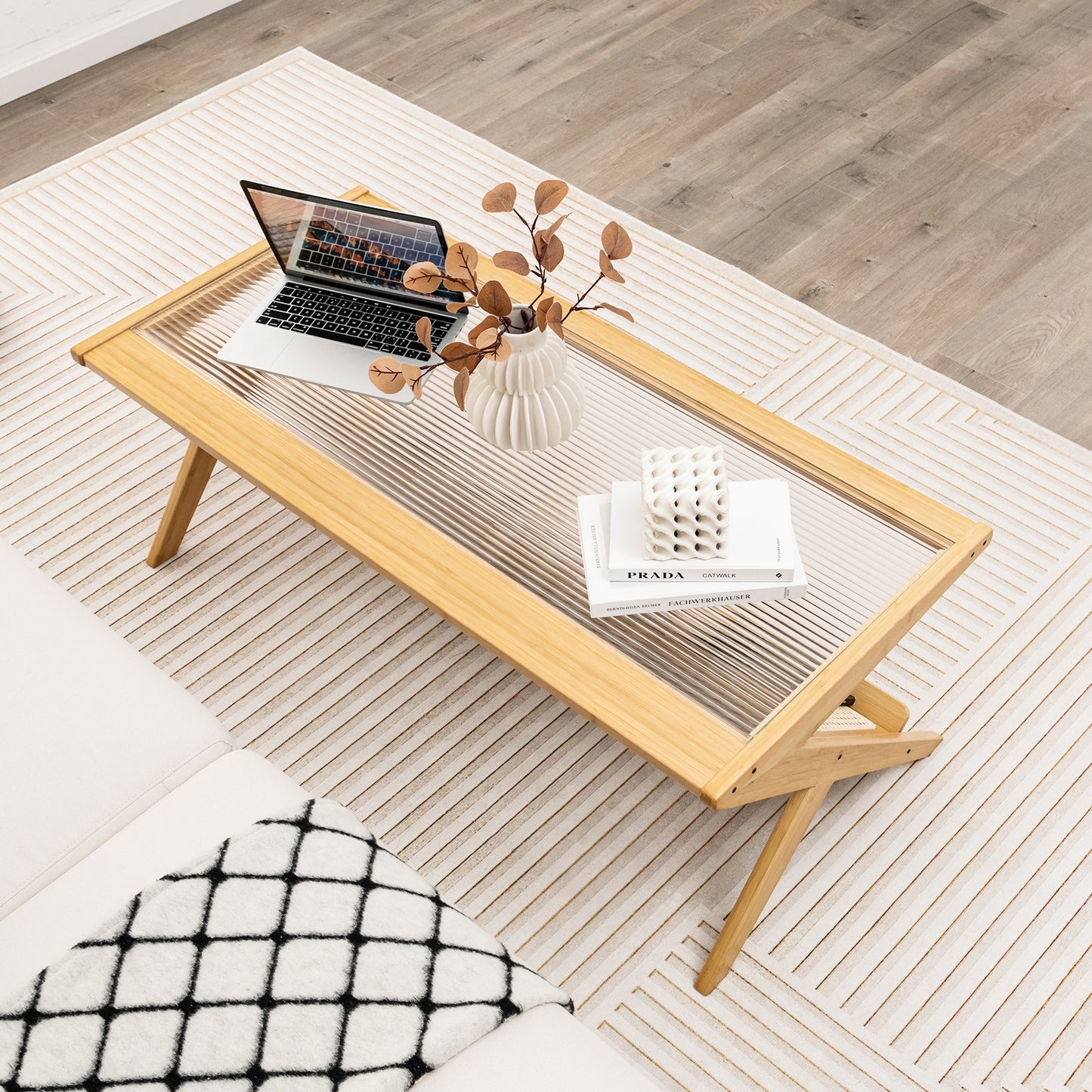 Bamboo Coffee Table with Tempered Glass Top and Handwoven Rattan Shelf
