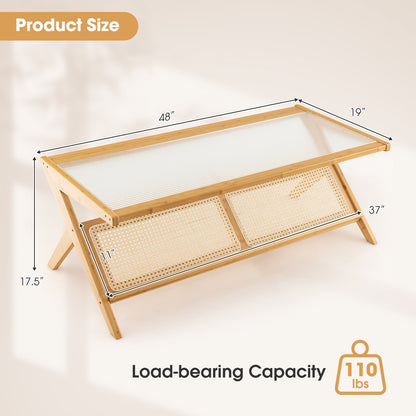 Bamboo Coffee Table with Tempered Glass Top and Handwoven Rattan Shelf