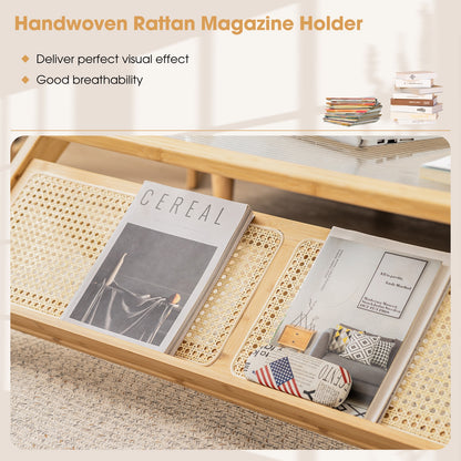 Bamboo Coffee Table with Tempered Glass Top and Handwoven Rattan Shelf