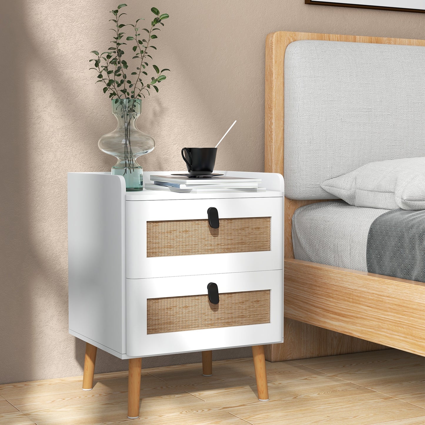 Modern End Table with 2 Rattan-Decorated Drawers for Storage