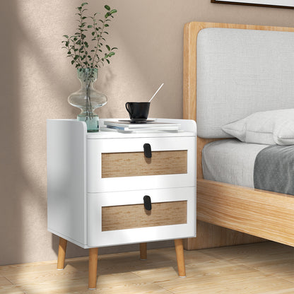 Modern End Table with 2 Rattan-Decorated Drawers for Storage