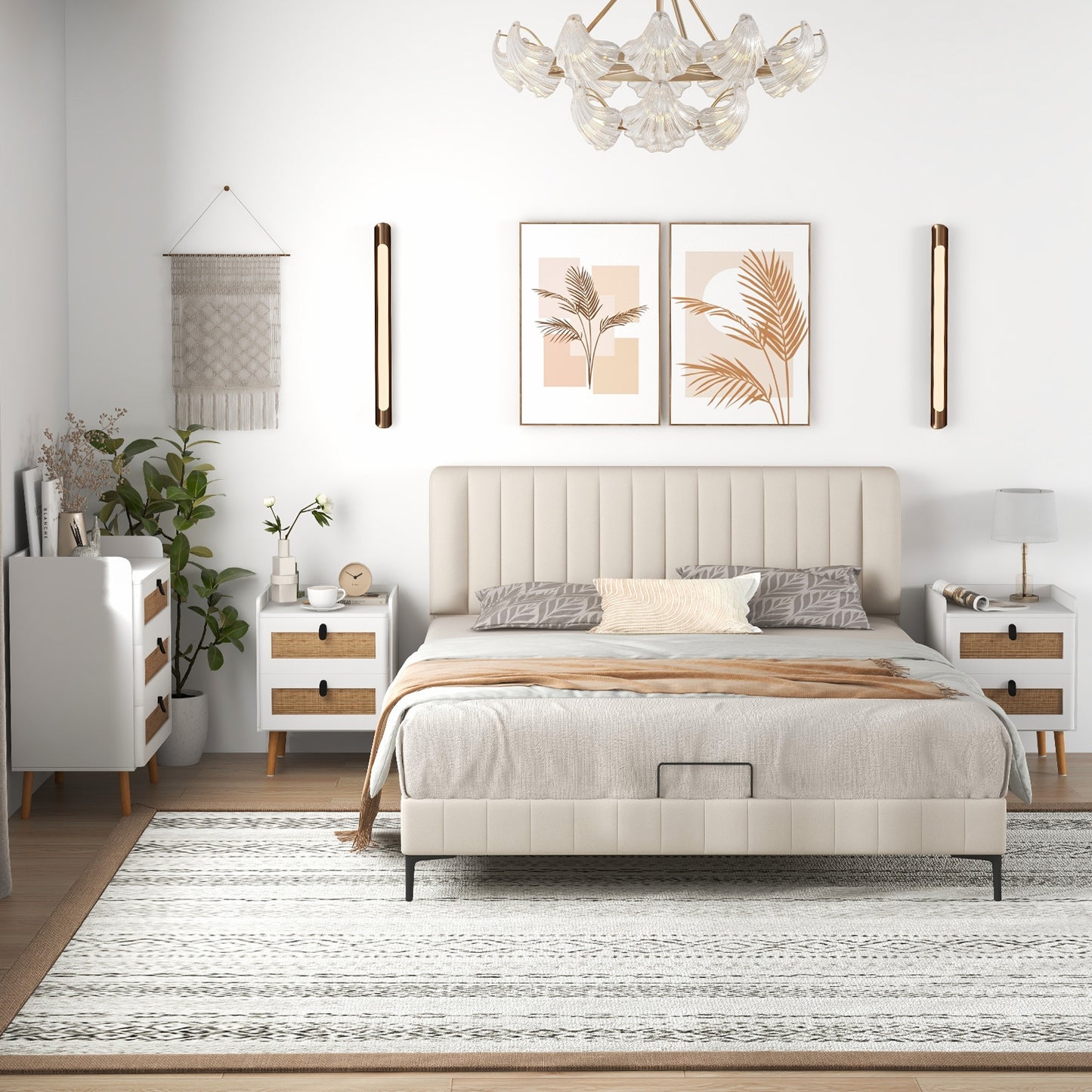 Modern End Table with 2 Rattan-Decorated Drawers for Storage