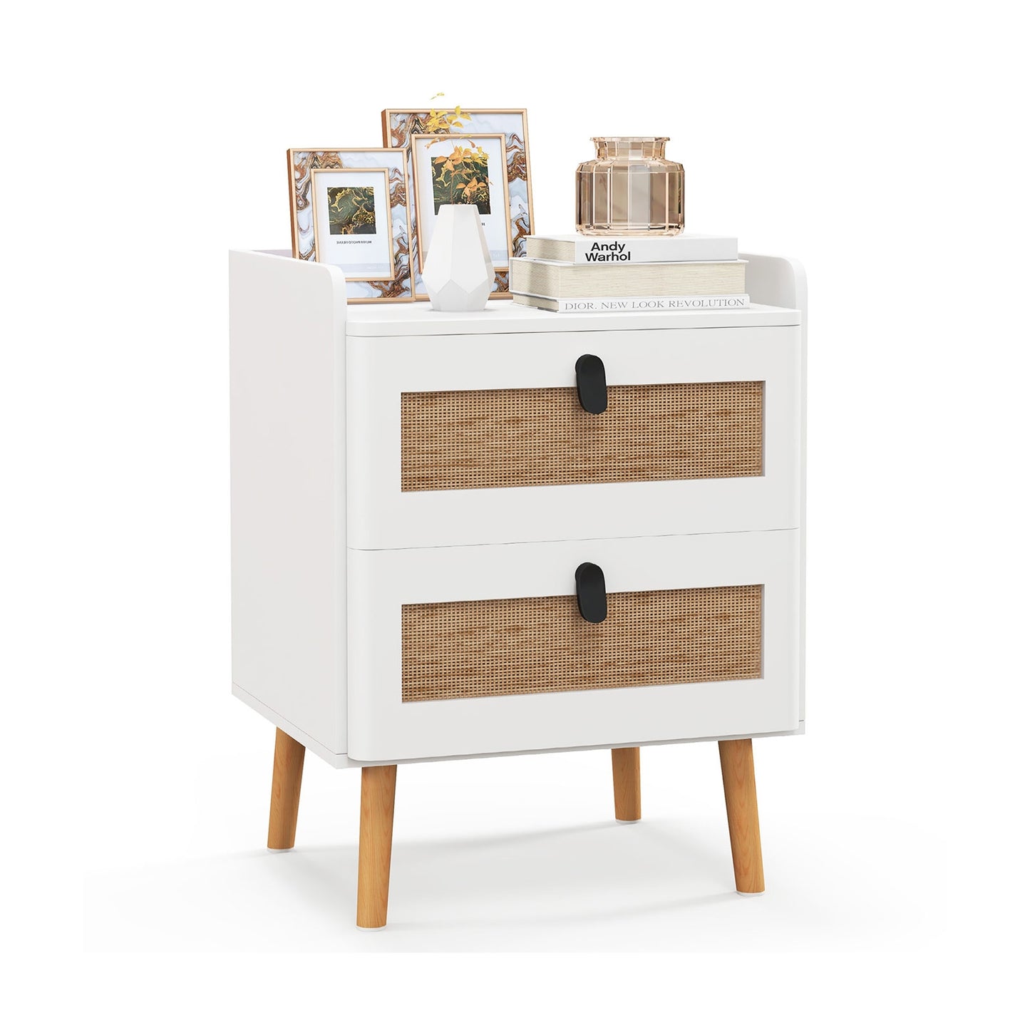 Modern End Table with 2 Rattan-Decorated Drawers for Storage