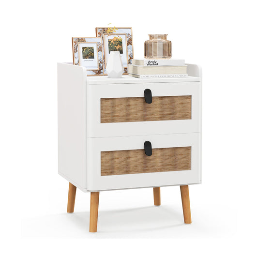Modern End Table with 2 Rattan-Decorated Drawers for Storage