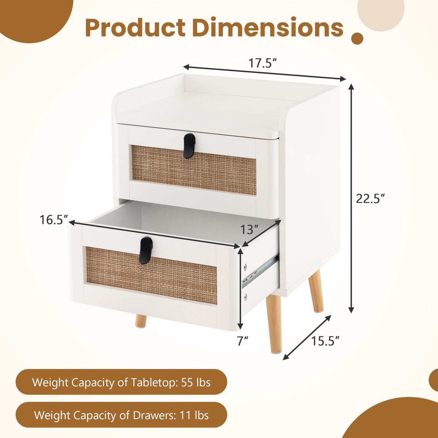 Modern End Table with 2 Rattan-Decorated Drawers for Storage