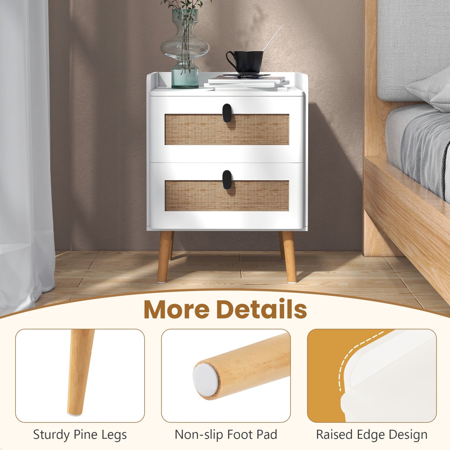 Modern End Table with 2 Rattan-Decorated Drawers for Storage