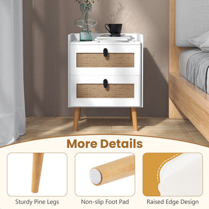 Modern End Table with 2 Rattan-Decorated Drawers for Storage