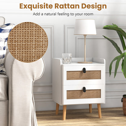 Modern End Table with 2 Rattan-Decorated Drawers for Storage