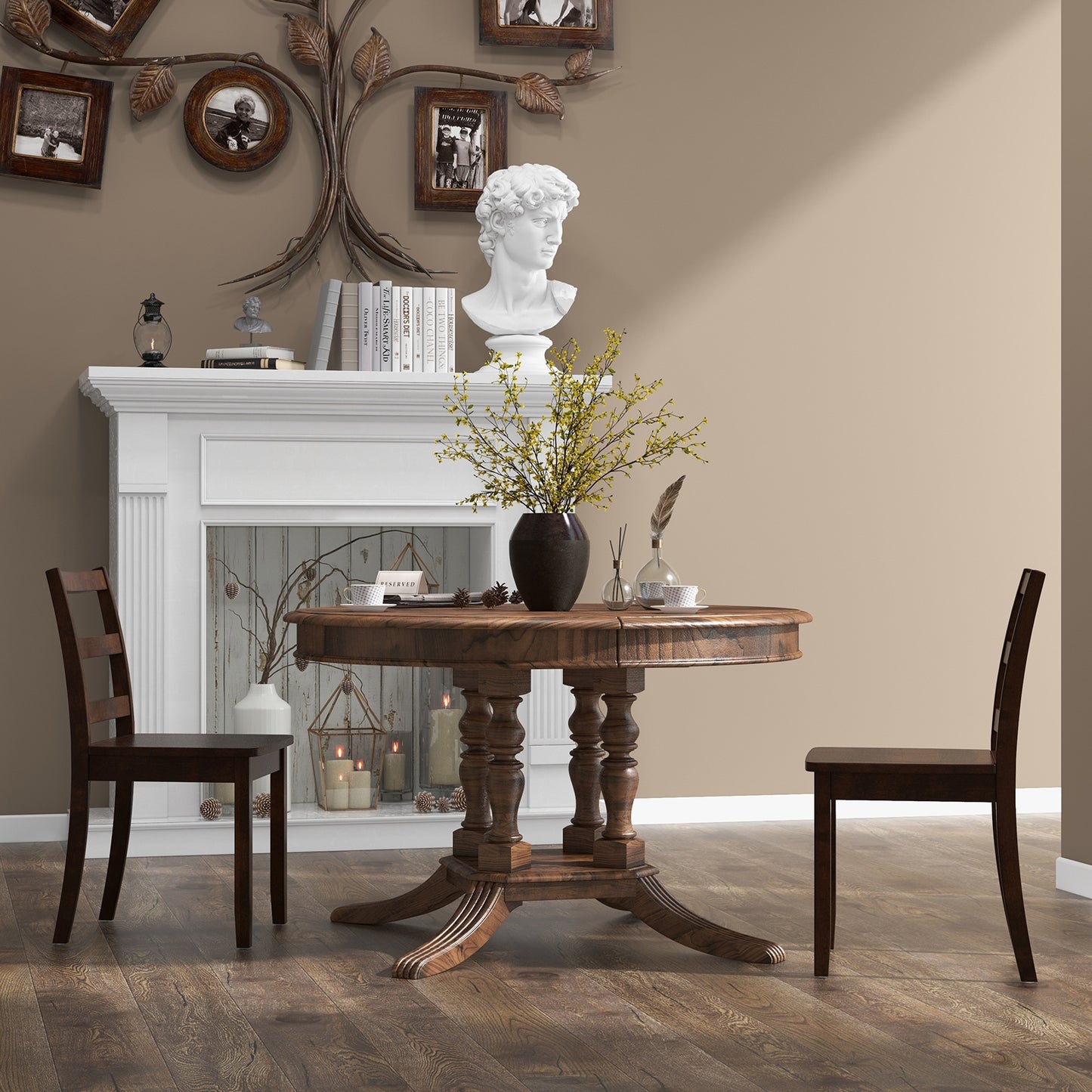 Pair of Dining Chairs with Solid Rubber Wood Legs and Ladder Backrest - Brown
