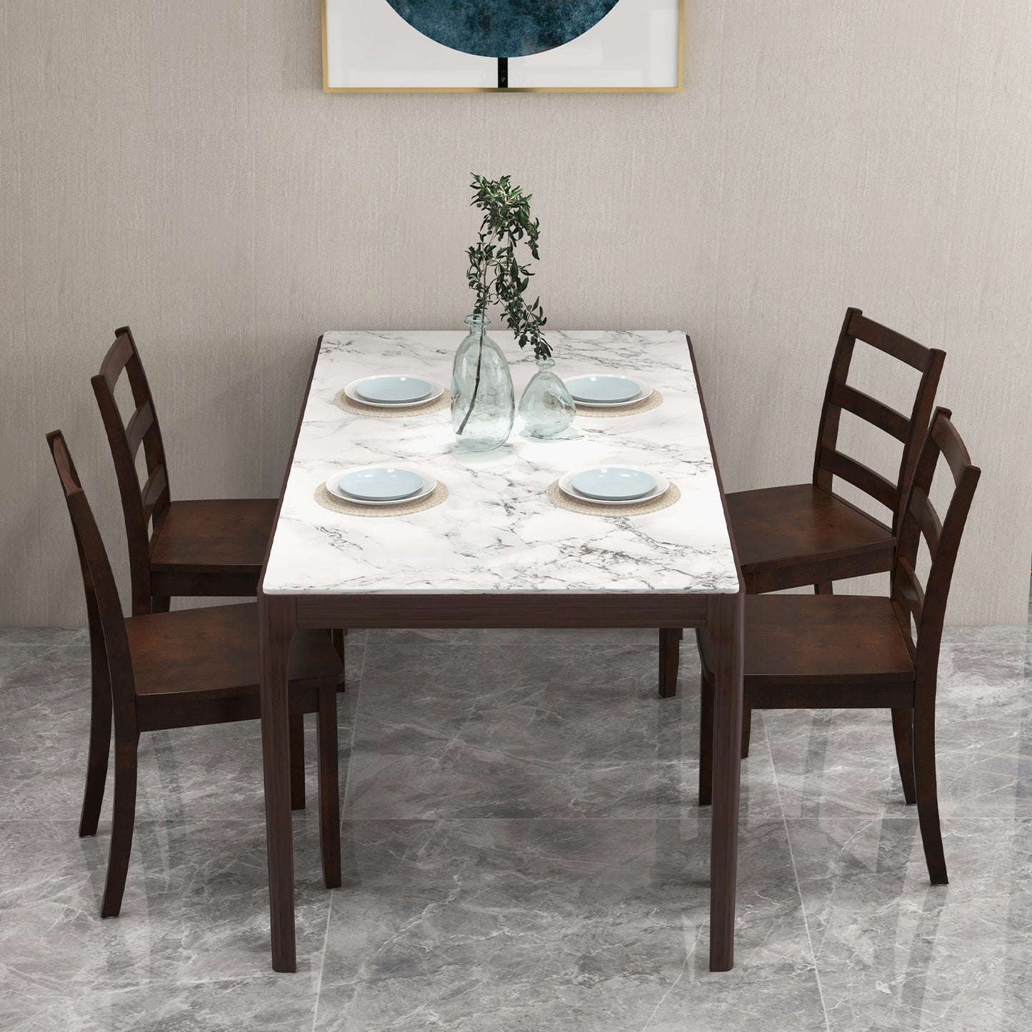 Pair of Dining Chairs with Solid Rubber Wood Legs and Ladder Backrest - Brown