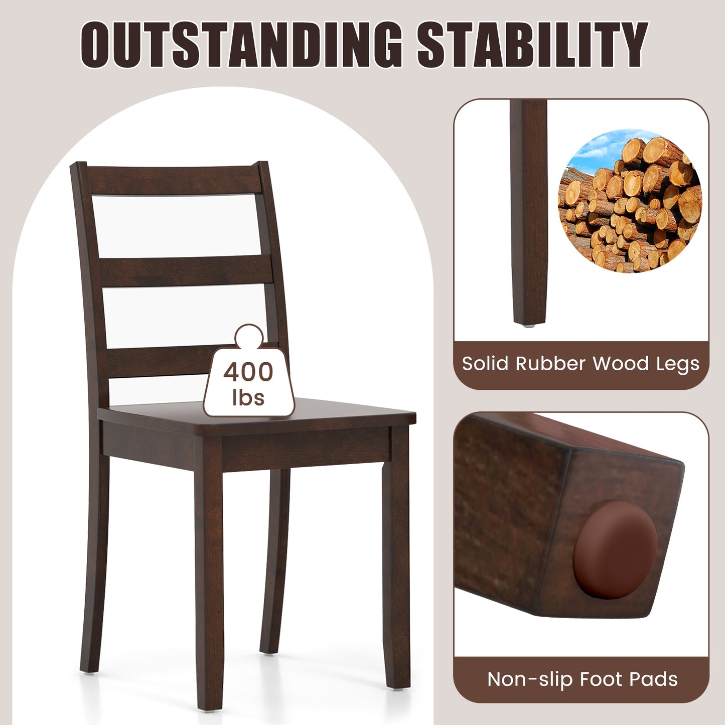 Pair of Dining Chairs with Solid Rubber Wood Legs and Ladder Backrest - Brown