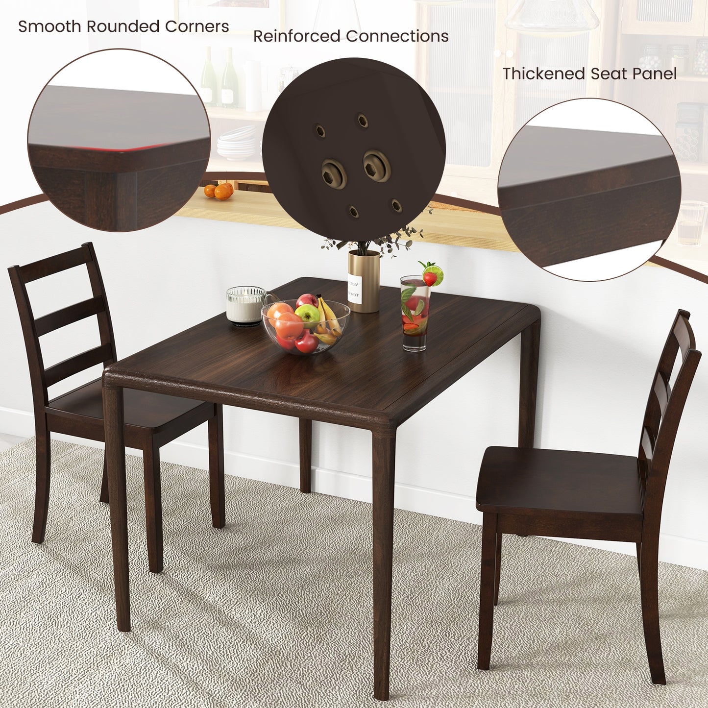 Pair of Dining Chairs with Solid Rubber Wood Legs and Ladder Backrest - Brown