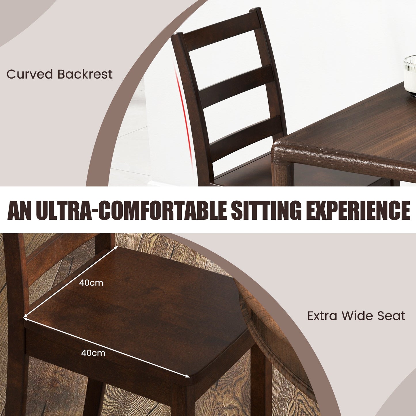 Pair of Dining Chairs with Solid Rubber Wood Legs and Ladder Backrest - Brown