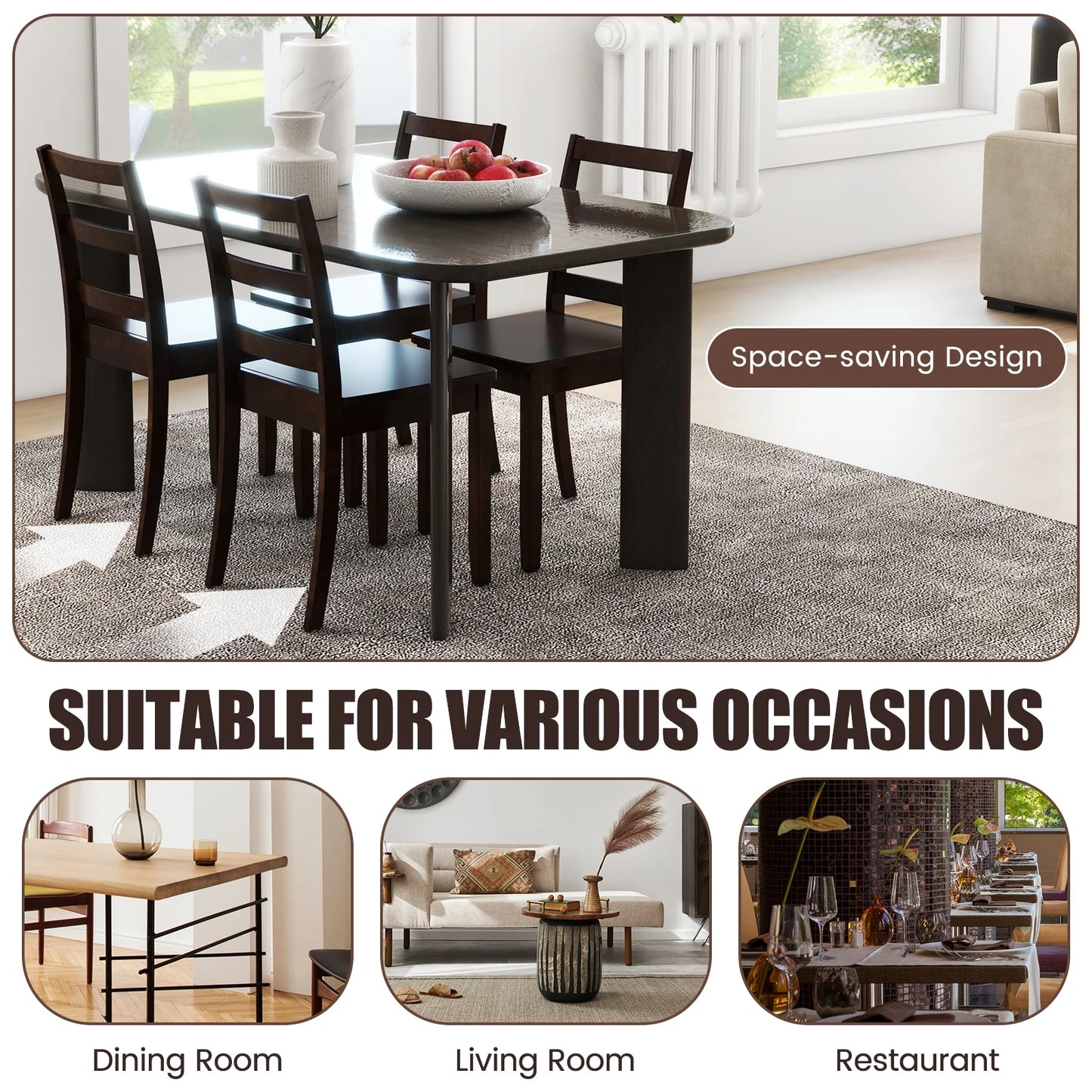 Pair of Dining Chairs with Solid Rubber Wood Legs and Ladder Backrest - Brown