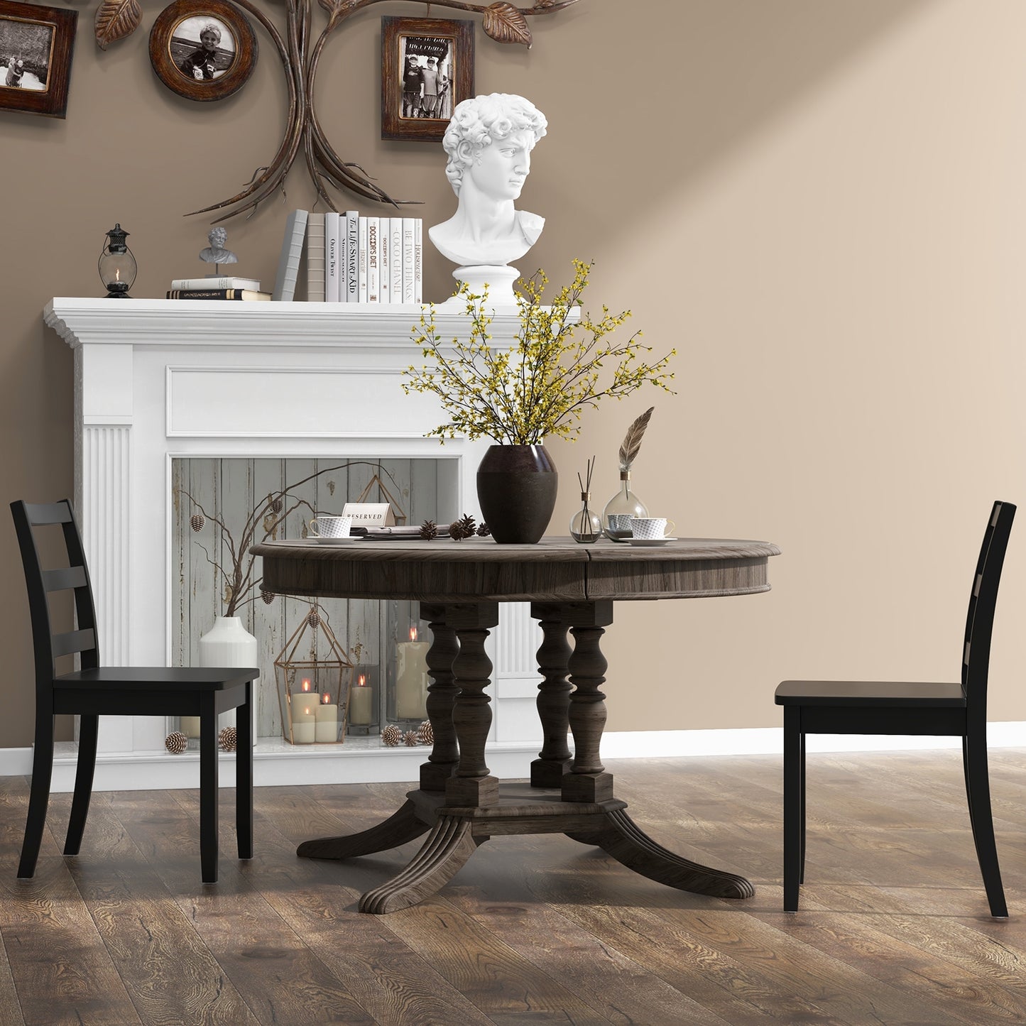 Pair of Dining Chairs with Solid Rubber Wood Legs and Ladder Backrest - Black