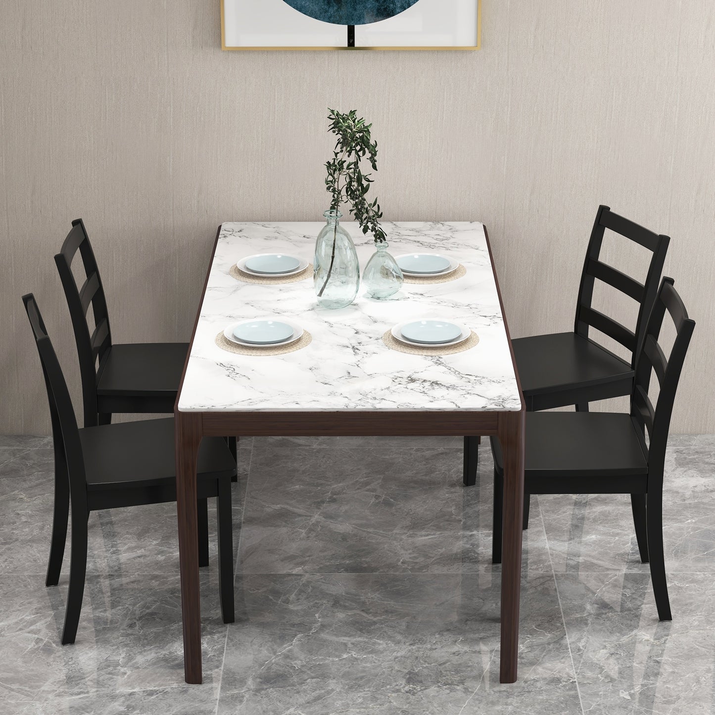 Pair of Dining Chairs with Solid Rubber Wood Legs and Ladder Backrest - Black