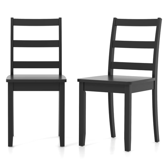 Pair of Dining Chairs with Solid Rubber Wood Legs and Ladder Backrest - Black