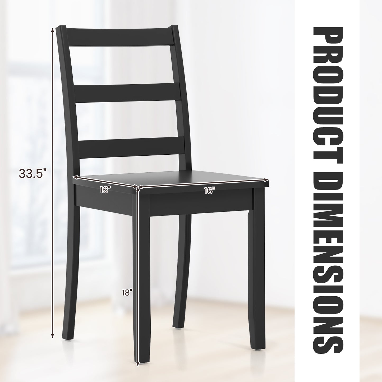 Pair of Dining Chairs with Solid Rubber Wood Legs and Ladder Backrest - Black
