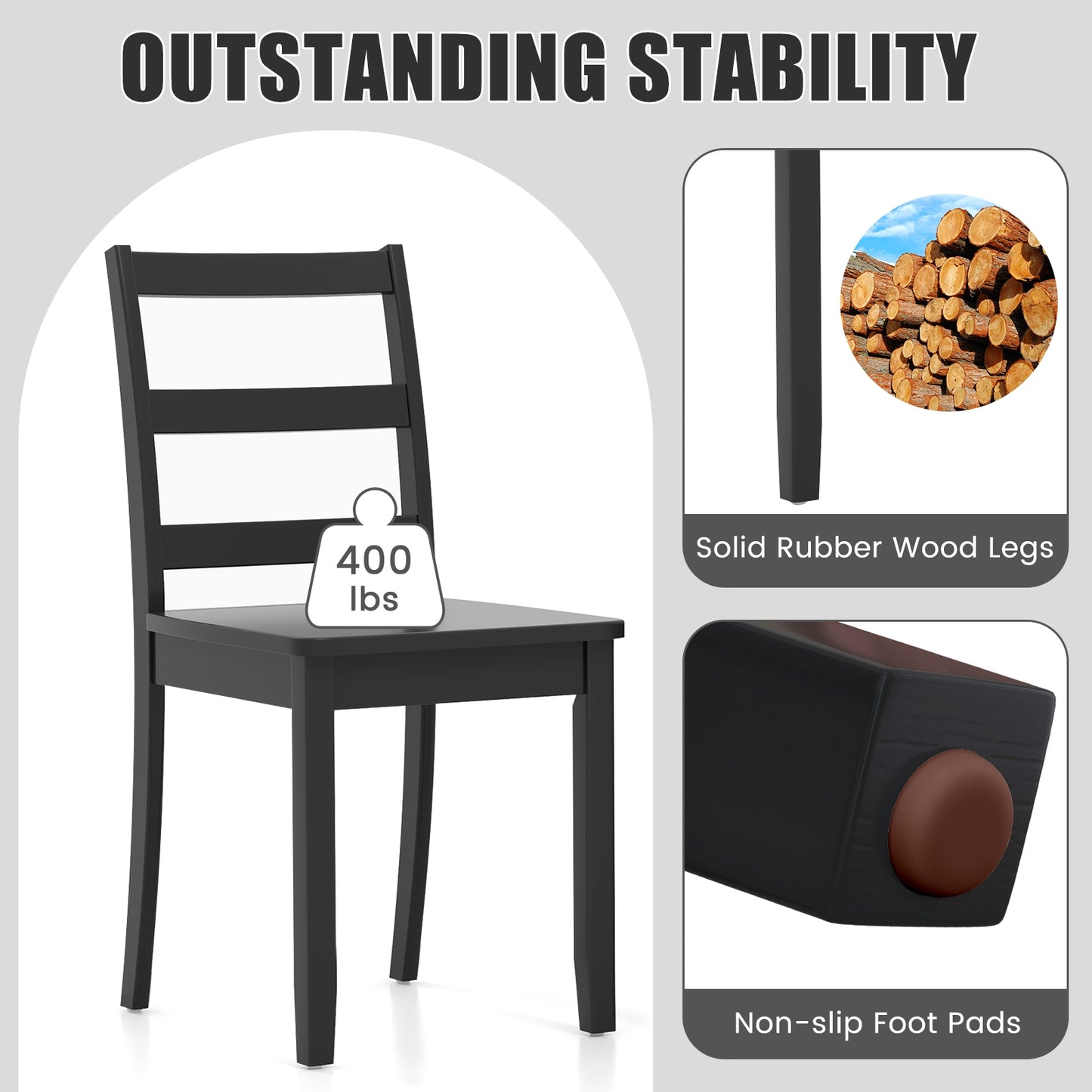 Pair of Dining Chairs with Solid Rubber Wood Legs and Ladder Backrest - Black