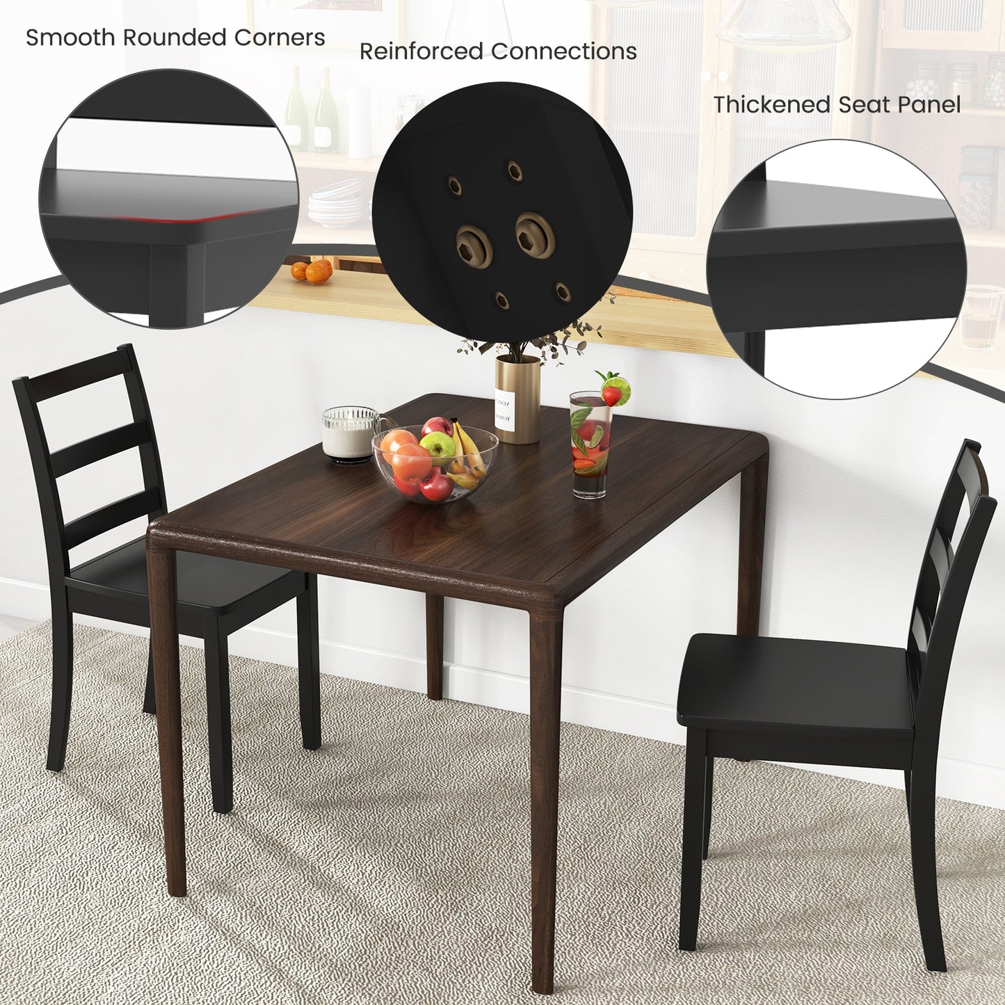 Pair of Dining Chairs with Solid Rubber Wood Legs and Ladder Backrest - Black