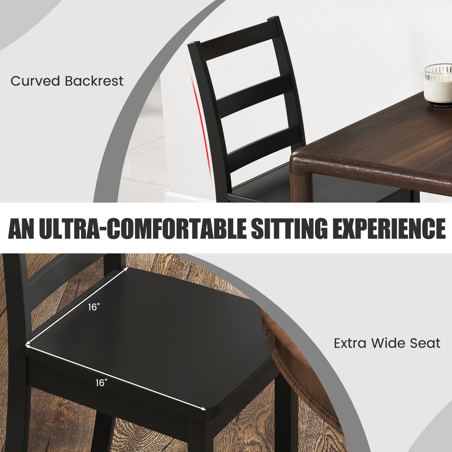 Pair of Dining Chairs with Solid Rubber Wood Legs and Ladder Backrest - Black