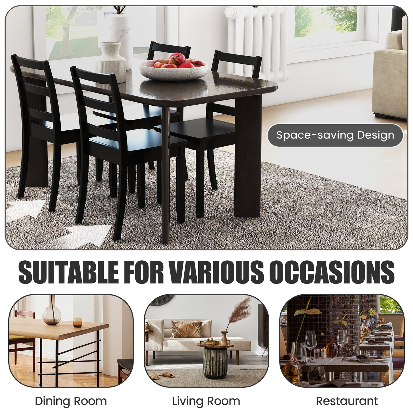 Pair of Dining Chairs with Solid Rubber Wood Legs and Ladder Backrest - Black