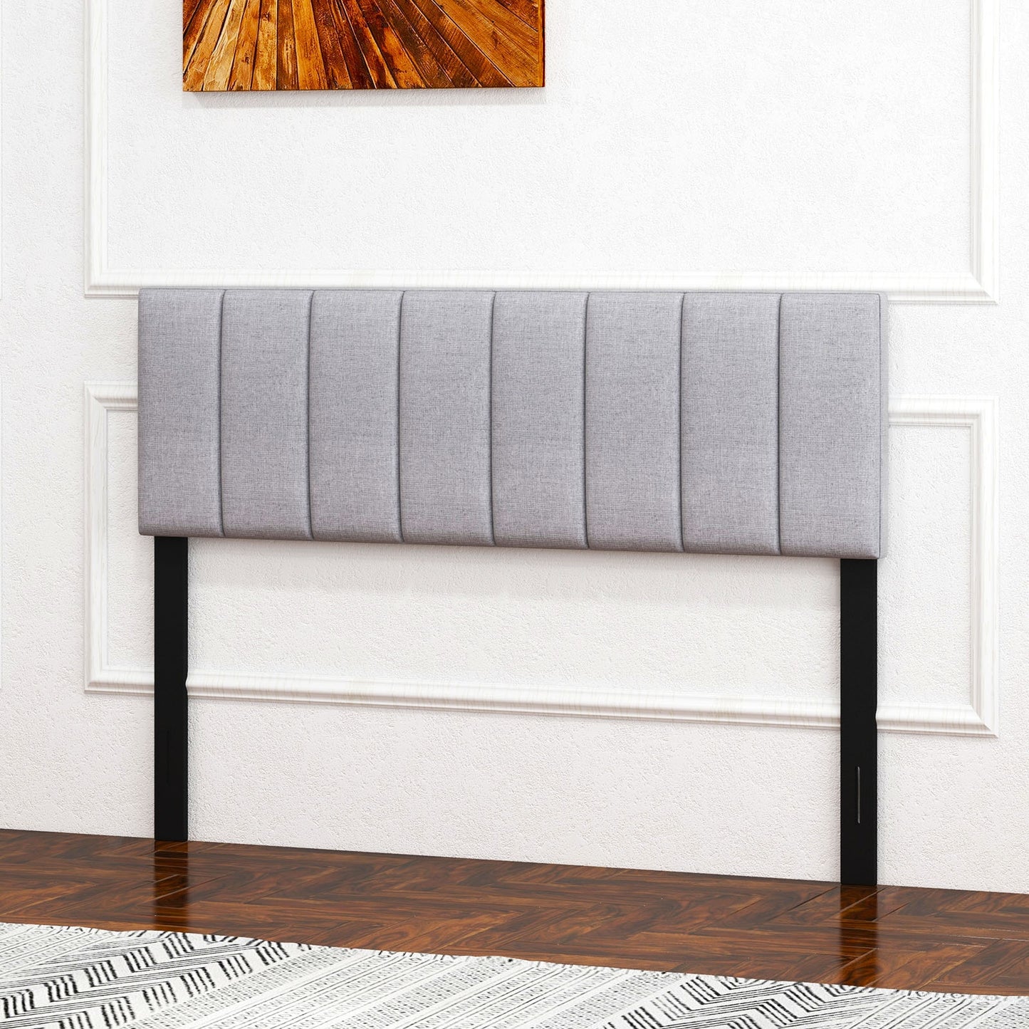 Adjustable Width Linen Upholstered Headboard with Solid Wood Legs - Grey