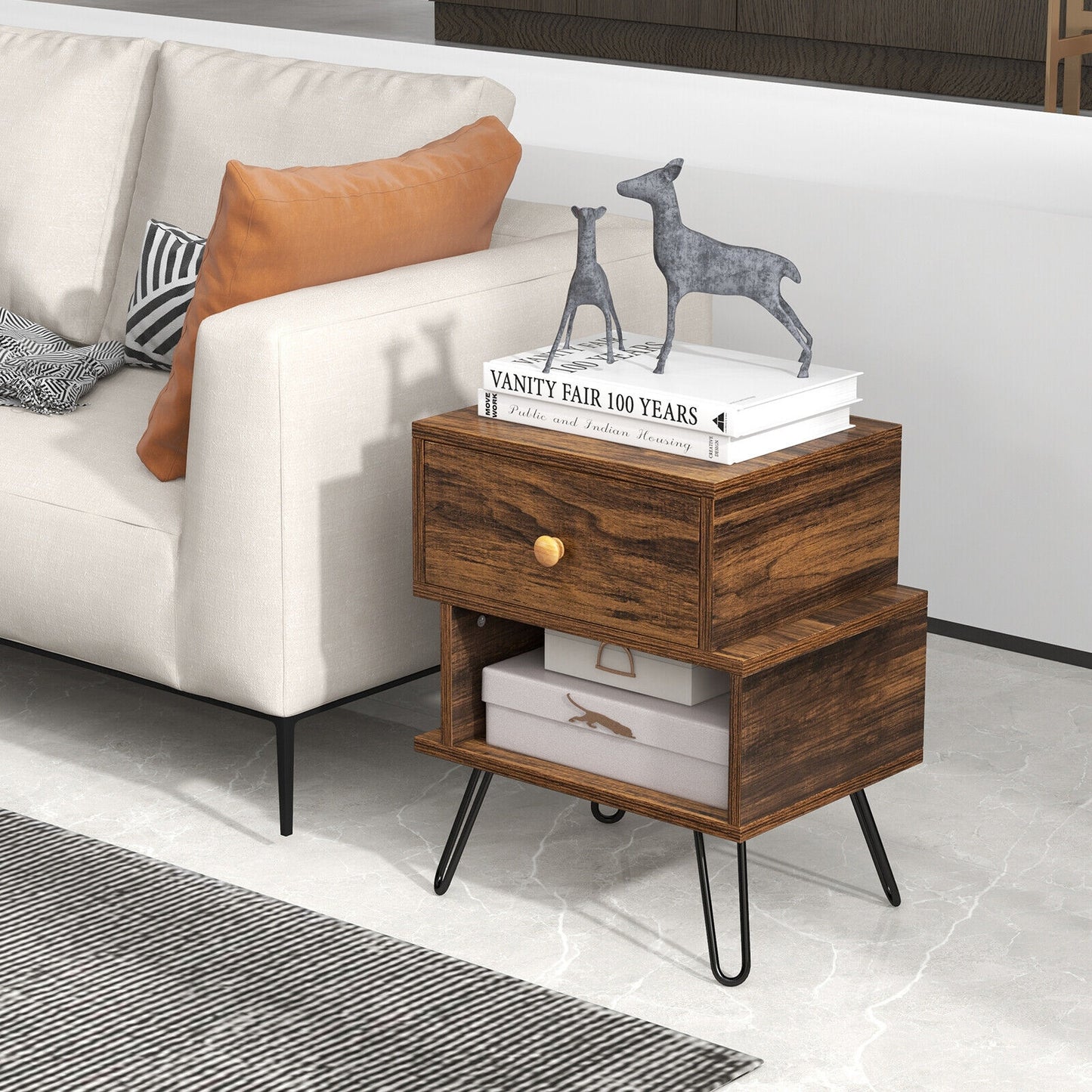 Set of 2 Irregular Wooden Nightstands with 2 Tiers and Elevated Metal Legs