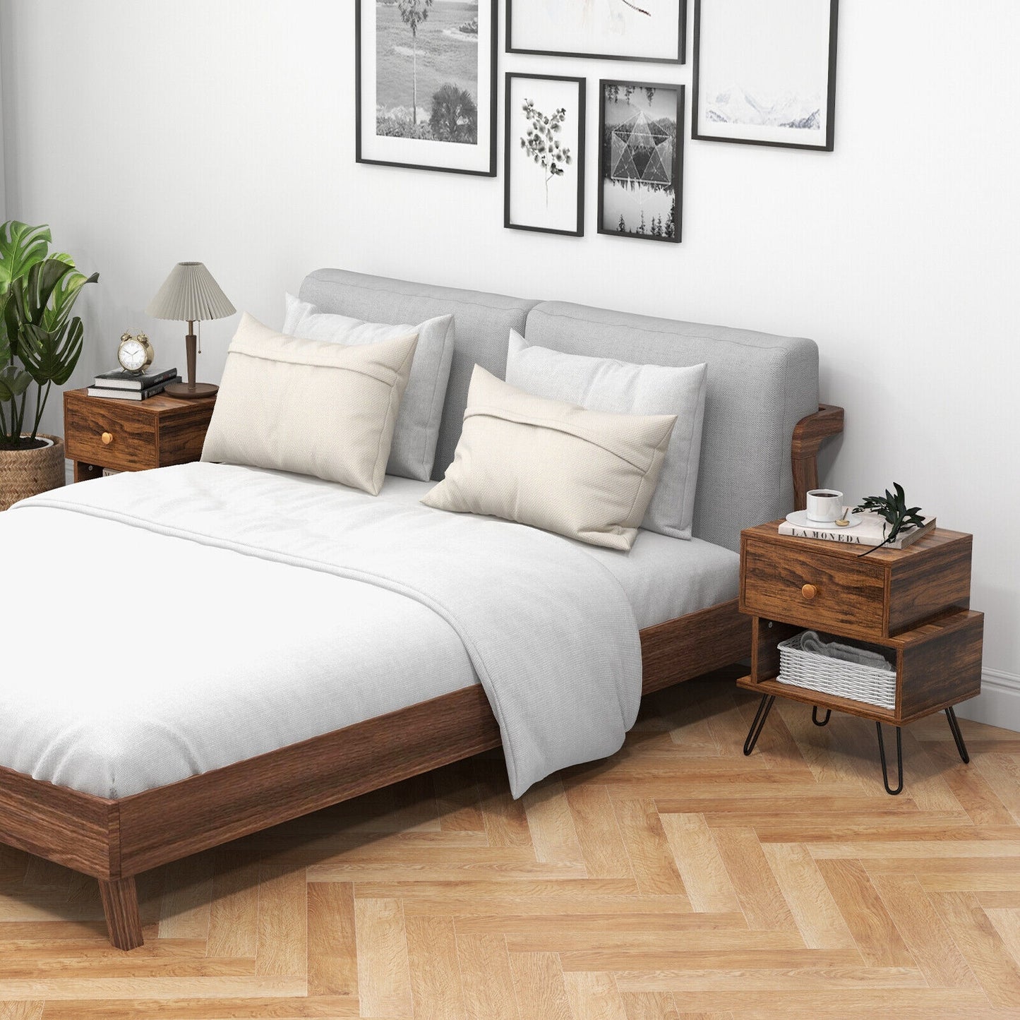 Set of 2 Irregular Wooden Nightstands with 2 Tiers and Elevated Metal Legs