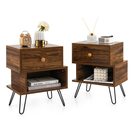 Set of 2 Irregular Wooden Nightstands with 2 Tiers and Elevated Metal Legs