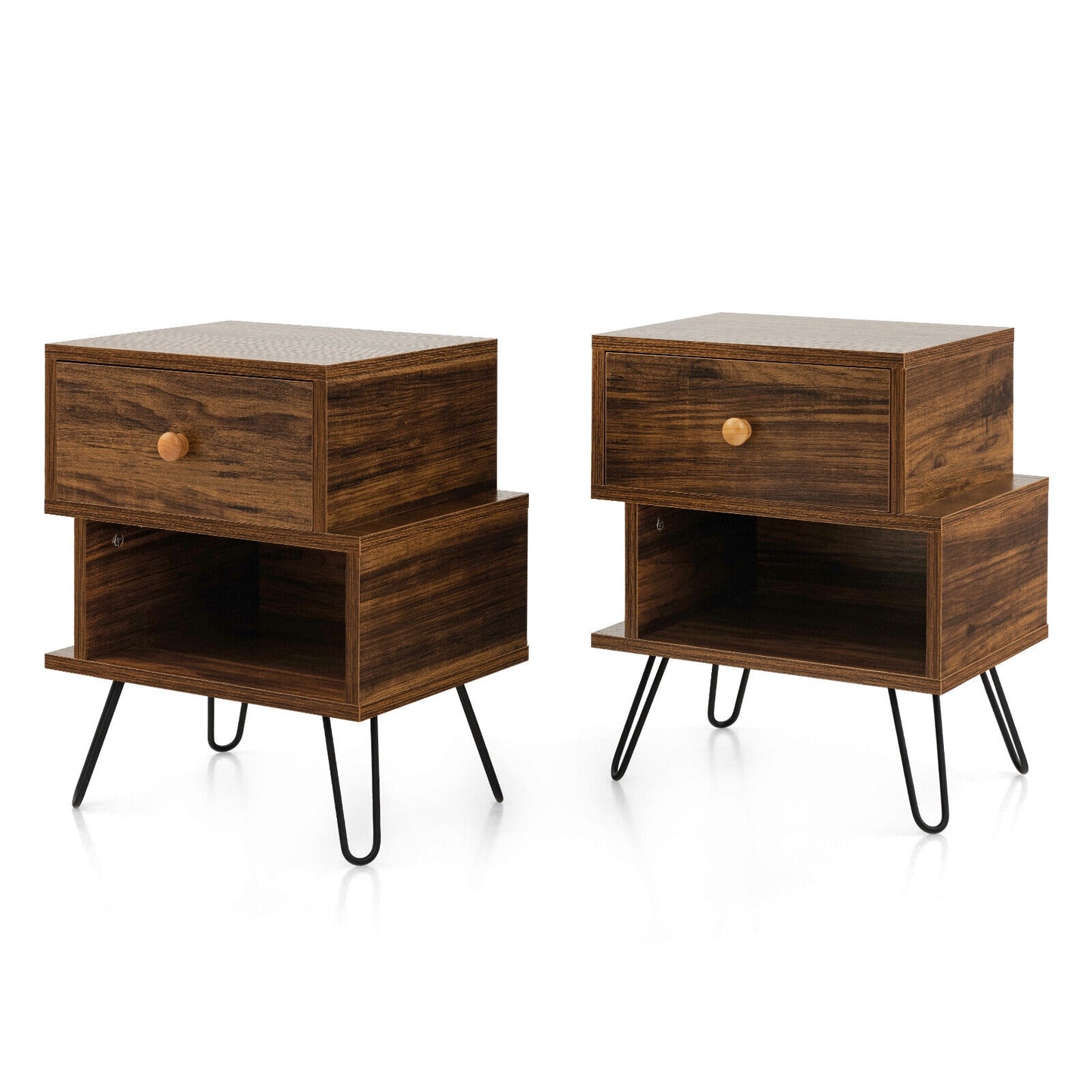 Set of 2 Irregular Wooden Nightstands with 2 Tiers and Elevated Metal Legs