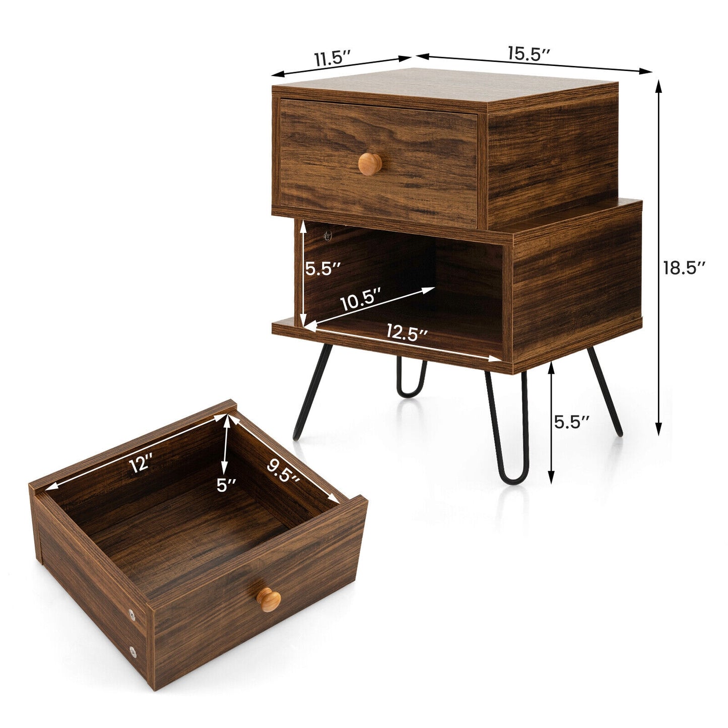 Set of 2 Irregular Wooden Nightstands with 2 Tiers and Elevated Metal Legs