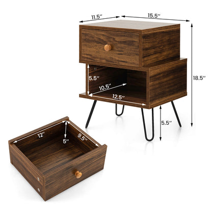 Set of 2 Irregular Wooden Nightstands with 2 Tiers and Elevated Metal Legs
