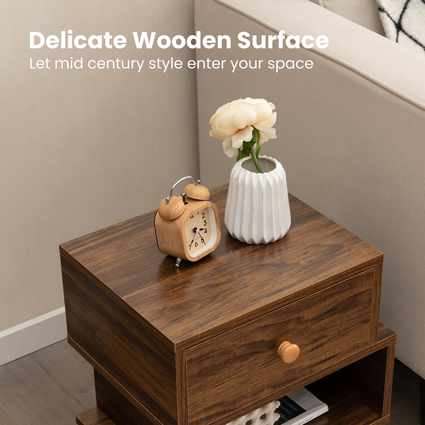 Set of 2 Irregular Wooden Nightstands with 2 Tiers and Elevated Metal Legs
