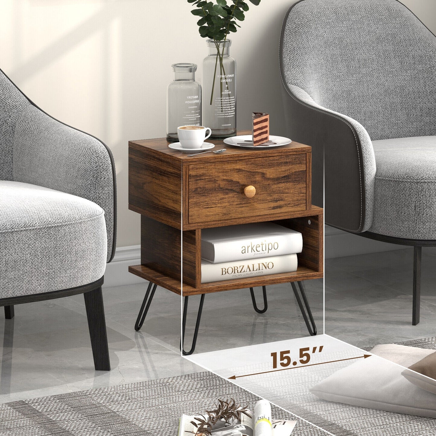 Set of 2 Irregular Wooden Nightstands with 2 Tiers and Elevated Metal Legs