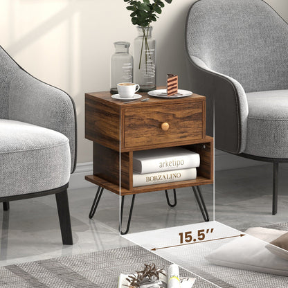 Set of 2 Irregular Wooden Nightstands with 2 Tiers and Elevated Metal Legs