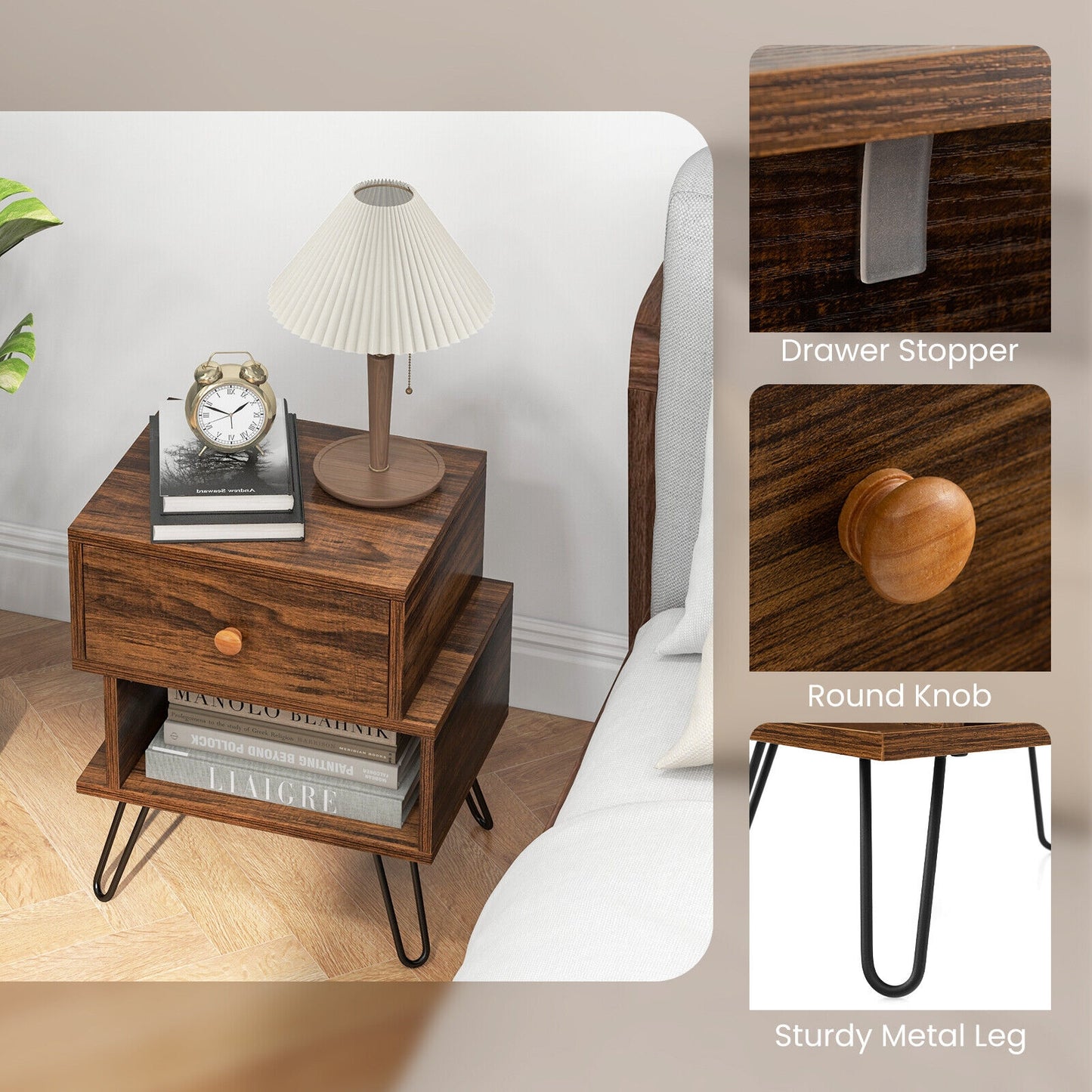Set of 2 Irregular Wooden Nightstands with 2 Tiers and Elevated Metal Legs