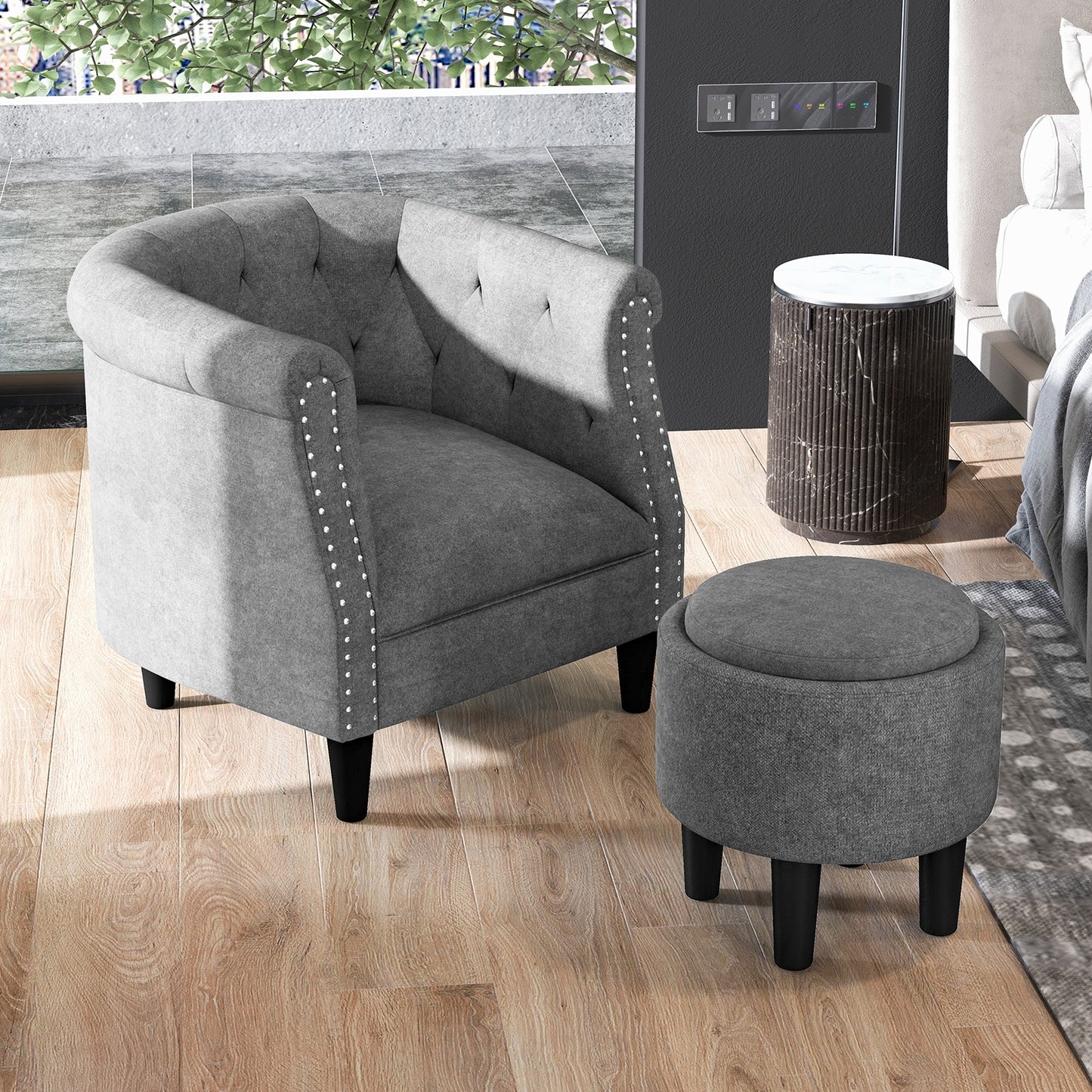 Contemporary Barrel Accent Chair with Matching Ottoman and Footrest
