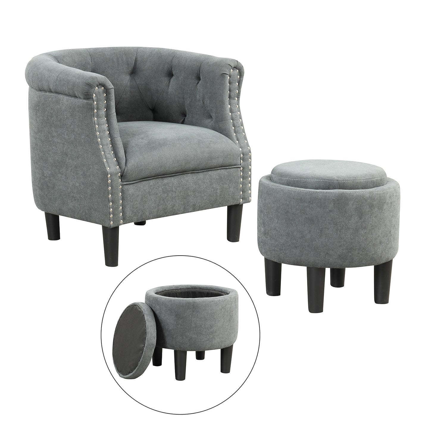 Contemporary Barrel Accent Chair with Matching Ottoman and Footrest