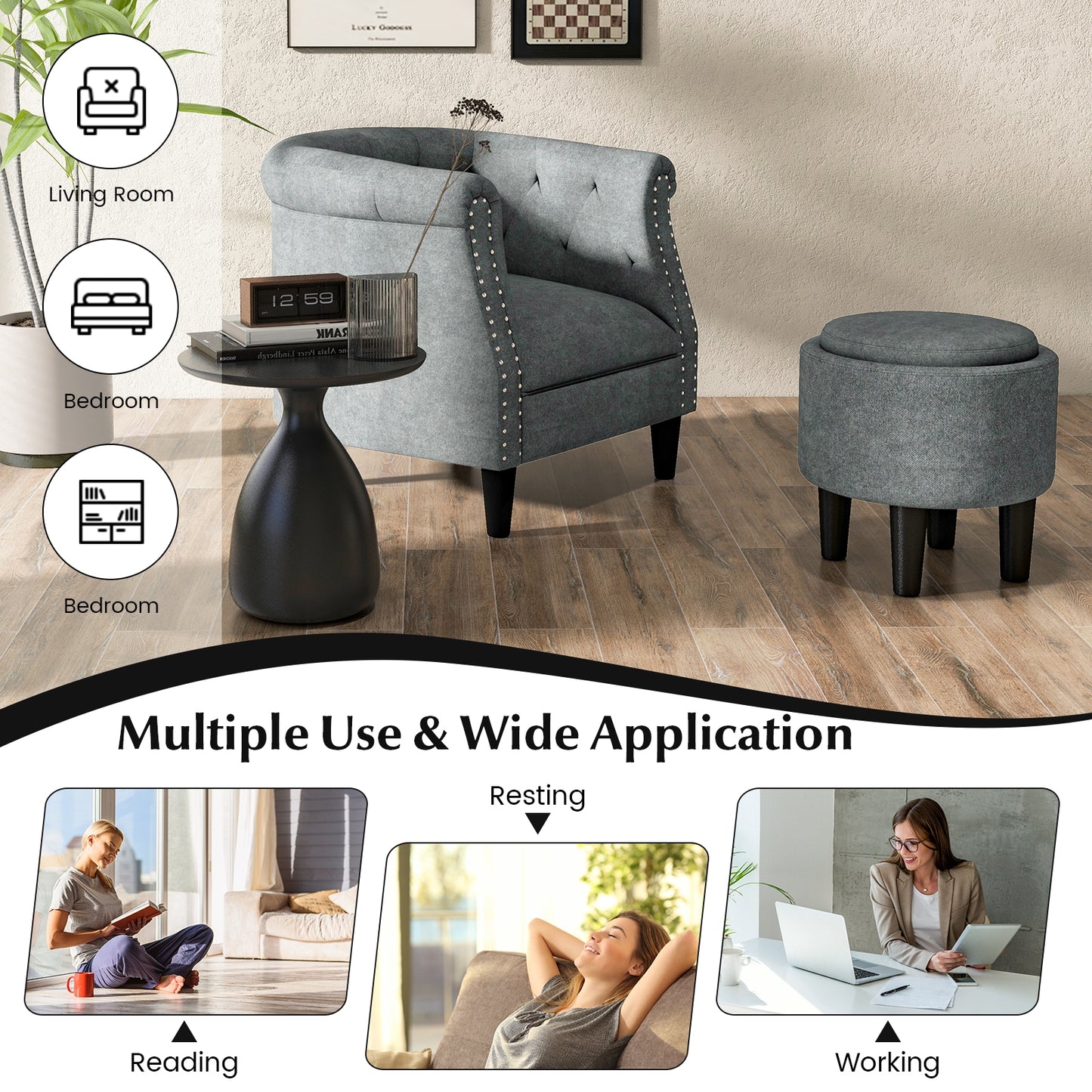Contemporary Barrel Accent Chair with Matching Ottoman and Footrest