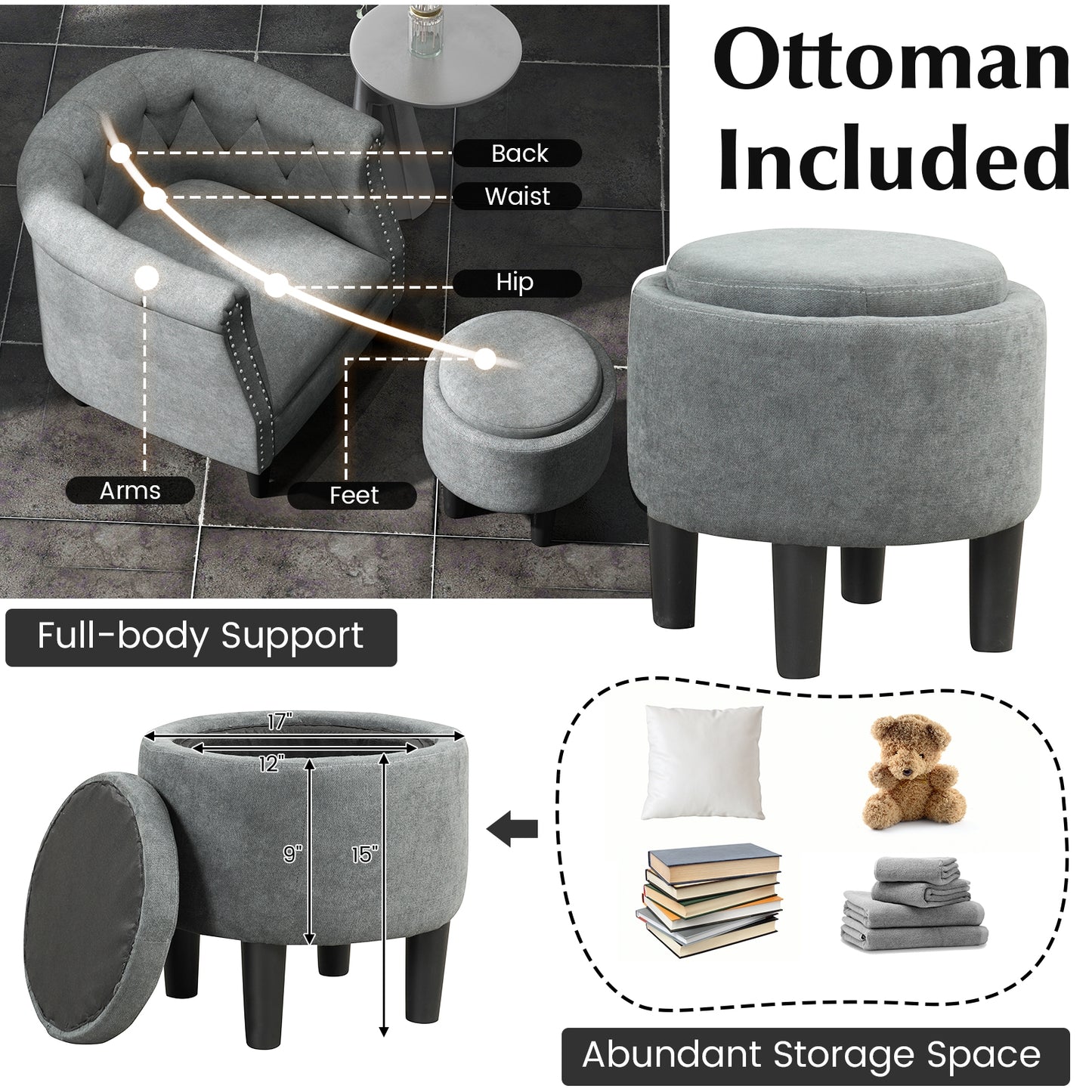 Contemporary Barrel Accent Chair with Matching Ottoman and Footrest